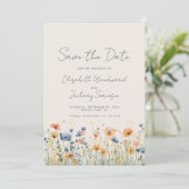Boho Wilde Bloem Grens Oranje Blauwe Trouwdag Save The Date (Staand voorkant)