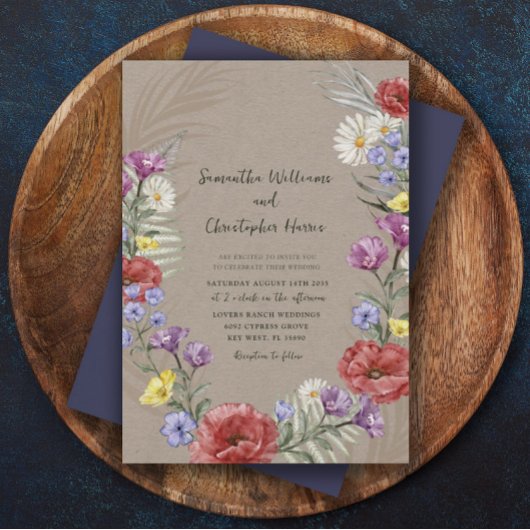 Boho Wilde Bloem Kraft & Paarse Bruiloft Kaart