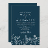 Boho wilde bloem marine blauwe bruiloft uitnodigin kaart (Voorkant / Achterkant)