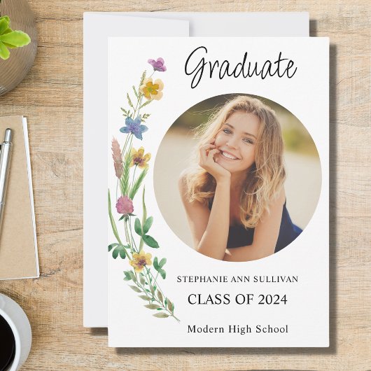 Boho Wilde Bloem Meisje Foto Hoge School Afstudere Aankondiging