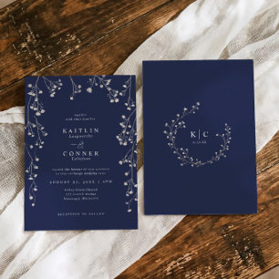 Boho Wilde Bloem Navy Blauwe Baby's Breath Trouwfe Kaart