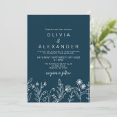 Boho wilde bloem navy blauwe trouw uitnodiging (Staand voorkant)