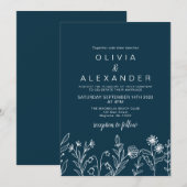 Boho wilde bloem navy blauwe trouw uitnodiging (Voorkant / Achterkant)