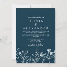 Boho wilde bloem navy blauwe trouw uitnodiging