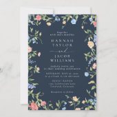 Boho Wilde Bloem Navy Foto QR Code RSVP Trouwfeest Kaart (Voorkant)