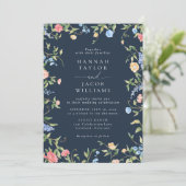 Boho Wilde Bloem Navy Foto QR Code RSVP Trouwfeest Kaart (Staand voorkant)