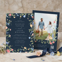 Boho Wilde Bloem Navy Foto QR Code RSVP Trouwfeest