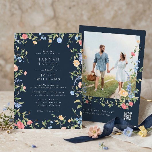 Boho Wilde Bloem Navy Foto QR Code RSVP Trouwfeest Kaart