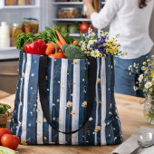 Boho Wilde Bloem Navy Gestreepte Moderne Huisdecor Tote Bag