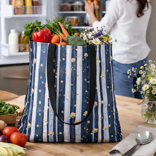 Boho Wilde Bloem Navy Gestreepte Moderne Huisdecor Tote Bag
