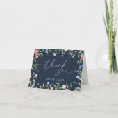 Boho Wilde Bloem Navy Trouw Dankkaart Bedankkaart (Voorkant)