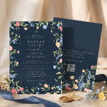 Boho wilde bloem navyblauw QR-code RSVP-huwelijk