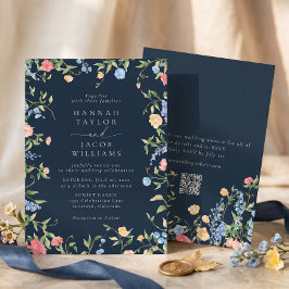 Boho wilde bloem navyblauw QR-code RSVP-huwelijk Kaart