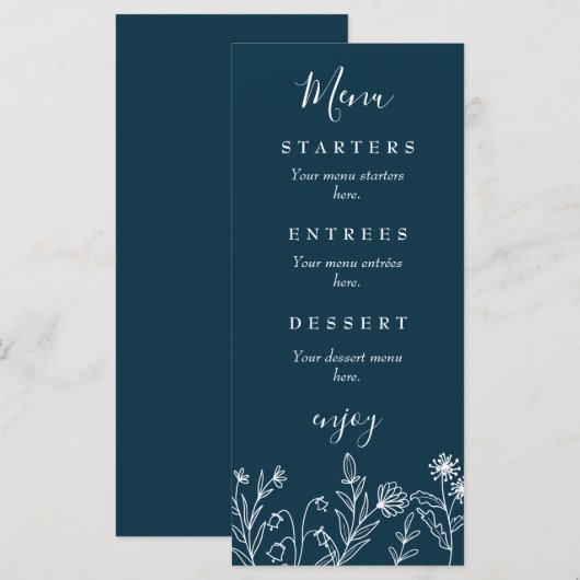 Boho wilde bloem navyblauwe trouwdag menu (Voorkant / Achterkant)