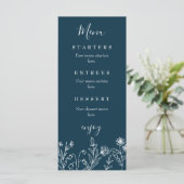 Boho wilde bloem navyblauwe trouwdag menu (Staand voorkant)