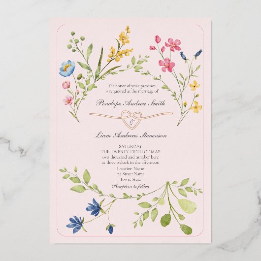 Boho Wilde Bloem Roze Bruiloft Folie Uitnodiging (Voorkant)