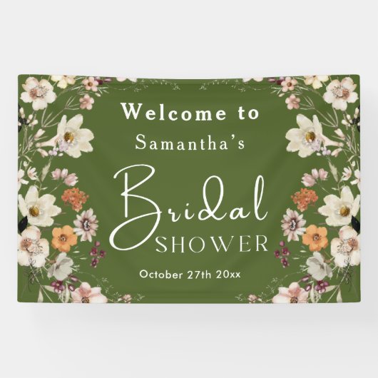 Boho Wilde Bloem Rustige Mos Groen Bruidsmeisje Sh Spandoek (Horizontaal)