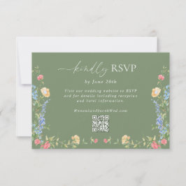 Boho Wilde Bloem Sage Groene Trouw QR Code RSVP Kaartje