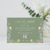 Boho Wilde Bloem Sage Groene Trouw QR Code RSVP Kaartje (Staand voorkant)