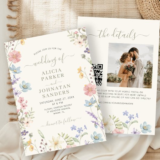 Boho wilde bloem salie groen script QR-code trouwe Kaart