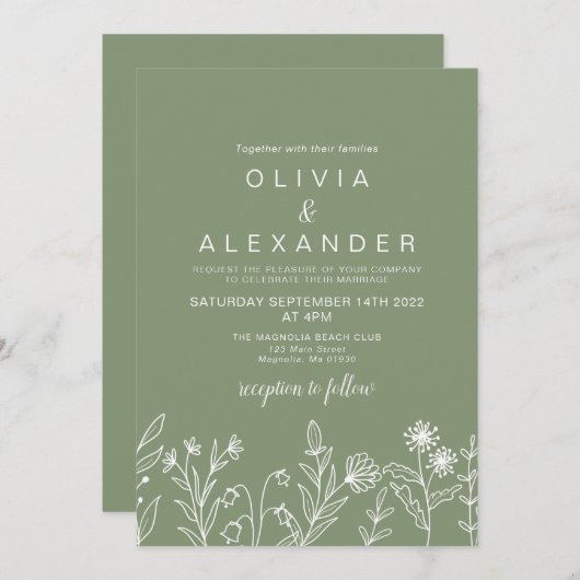 Boho wilde bloem salie groene bruiloft uitnodiging (Voorkant / Achterkant)