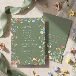 Boho Wilde Bloem Salie Groene QR Code RSVP Trouwen Kaart