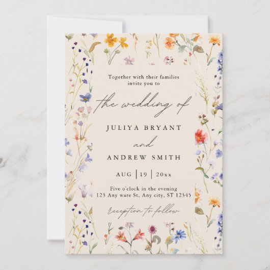 Boho wilde bloem Script bruiloft Kaart (Voorkant)