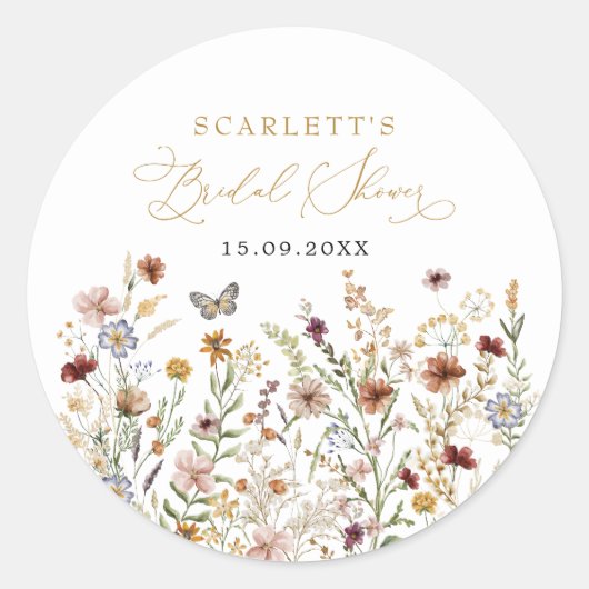 Boho Wilde Bloem Vlinder Weide Bruidsdouche Ronde Sticker (Voorkant)
