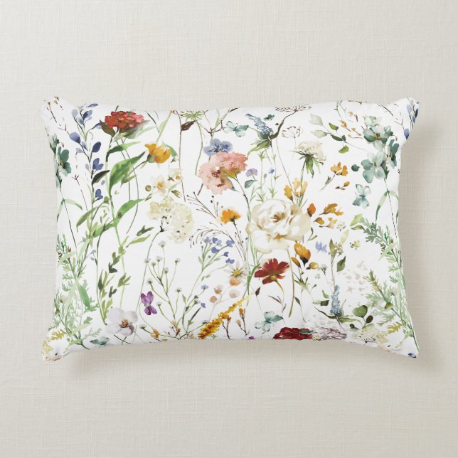 Boho Wilde Bloem Waterverf Lente Bloem Accent Kussen (Voorkant)