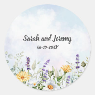 Boho Wilde Bloem Waterverf Persoonlijke Trouwdag Ronde Sticker