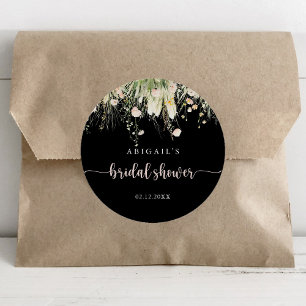 Boho wilde bloem zwarte bruiloftsshower favor  ronde sticker