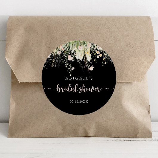 Boho wilde bloem zwarte bruiloftsshower favor ronde sticker