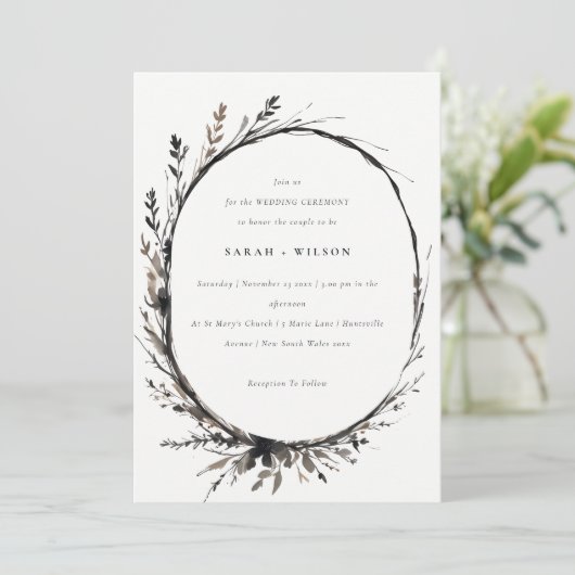 Boho Wilde Bloem Zwarte Bruine Herfstkrans Bruilof Kaart (Staand voorkant)