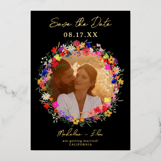 Boho wilde bloemen 2 foto's bruiloft met de datum folie uitnodiging (Voorkant)