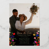Boho wilde bloemen 2 foto's bruiloft met de datum folie uitnodiging (Achterkant)