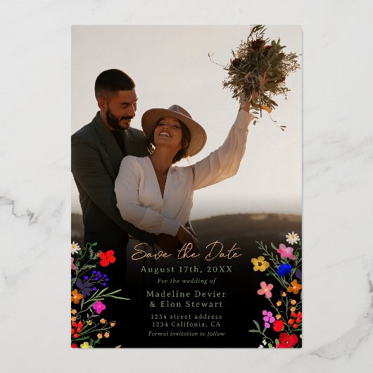 Boho wilde bloemen 2 foto's bruiloft met de datum folie uitnodiging (Achterkant)