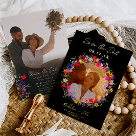 Boho wilde bloemen 2 foto's trouwkaart save the da folie uitnodiging