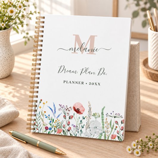 Boho Wilde Bloemen Aangepaste Naam Initiaal Planner