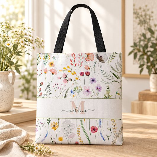 Boho Wilde Bloemen Aangepaste Naam Monogram Tote Bag