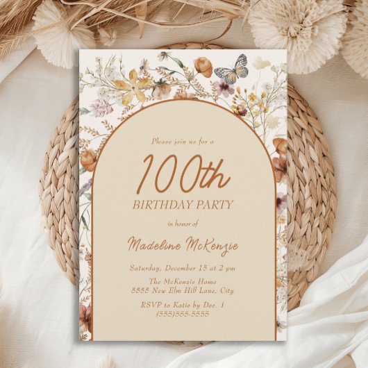 Boho Wilde Bloemen Boog 100ste Verjaardag Kaart