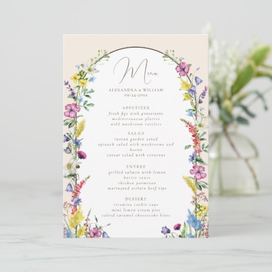 Boho Wilde Bloemen Boog Bruiloft Menu (Staand voorkant)