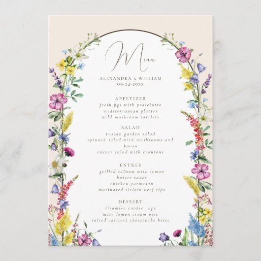Boho Wilde Bloemen Boog Bruiloft Menu (Voorkant)