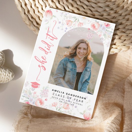 Boho wilde bloemen boog foto afstuderen aankondiging