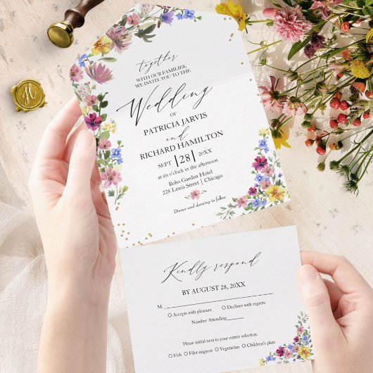 Boho Wilde Bloemen Bruiloft All In One Uitnodiging