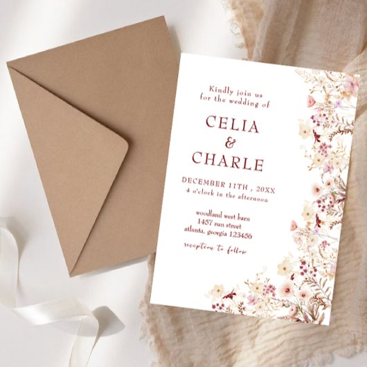 Boho wilde bloemen bruiloft kaart