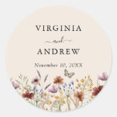 Boho Wilde Bloemen Bruiloft Ronde Sticker (Voorkant)