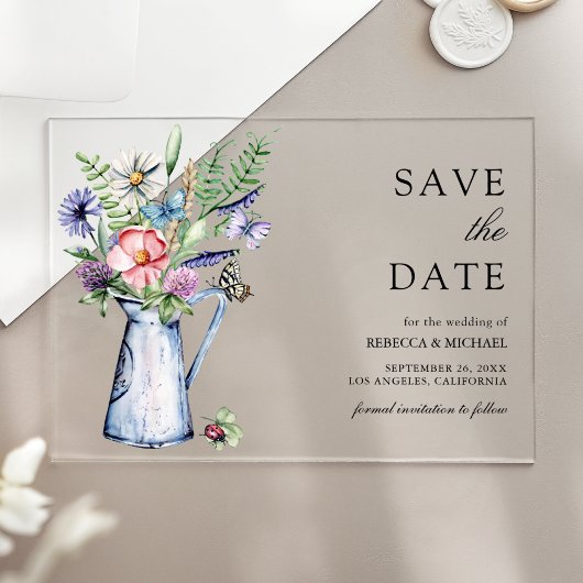 Boho Wilde Bloemen Bruiloft Save the Date Acryl Uitnodigingen