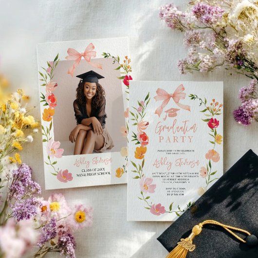 Boho Wilde Bloemen Coquette Strik foto afstuderen Kaart