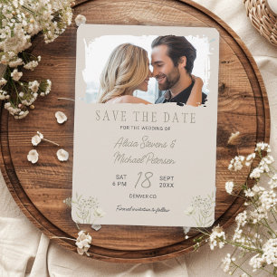 Boho wilde bloemen eenvoudige foto beige salie tro save the date