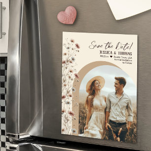 Boho Wilde Bloemen Foto Boog Trouwkaart Save the D Magnetische Uitnodiging